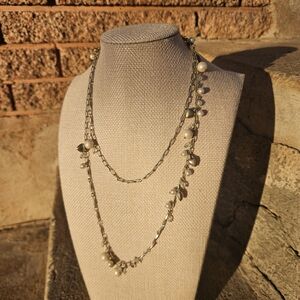 American Eagle Silver and Cream Long Layering Necklace Faux Pearl Bead Charm Y2K